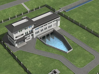 Modern White Building With Dark Roof Green Lawn Irregular Pool Fence And Pathway 3d model