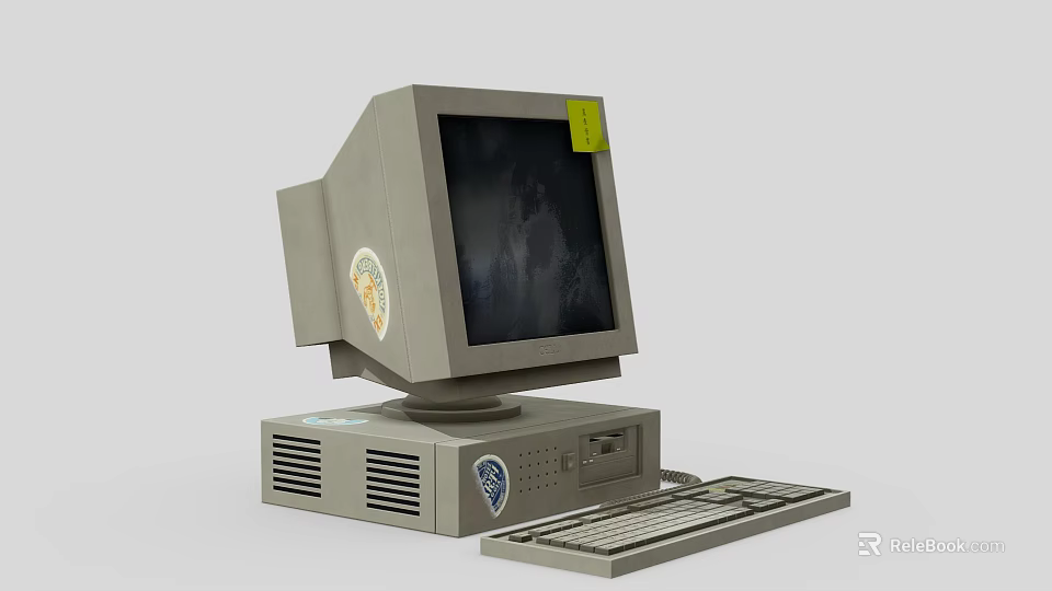 Old Vintage Desktop Computer With CRT Monitor Keyboard Stickers Logo And Ventilation Holes 3d model 