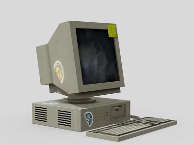 Old Vintage Desktop Computer With CRT Monitor Keyboard Stickers Logo And Ventilation Holes 3d model