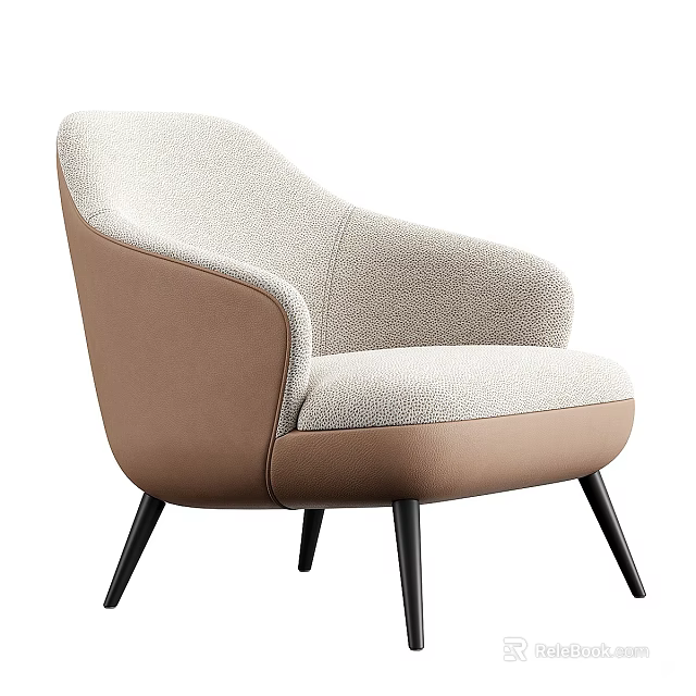 Modern Accent Chair With Beige Fabric And Brown Leather Trim Black Slim Legs 3d model 