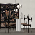 Dining Table Set with Round Table Black Framed Chairs Decorative Screen and White Pendant Lights 3d model