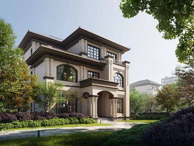 Classic Two Story Detached Villa Exterior With Lush Greenery And Garden Landscape 3d model