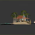 Cartoon Beach Scene With Red Roof Hut Palm Trees And Ocean Water