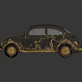 Vintage Classic Beetle Car With Blue Gray Body And Gold Accents Design