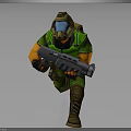3D Military Character In Green Uniform With Helmet Face Mask And Large Gun Running