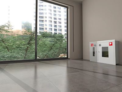 Spacious Corporate Exhibition Hall Featuring Large Windows Green Trees And White Cabinets With Red Signs 3d model