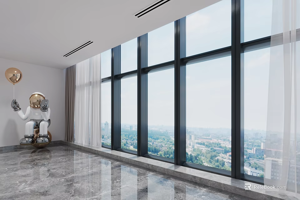 Floor-to-ceiling Windows in Modern Living Room Black Frame City View Transparent Curtains Marble Floor 3d model 