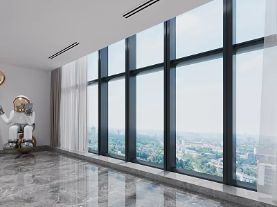 Floor-to-ceiling Windows in Modern Living Room Black Frame City View Transparent Curtains Marble Floor 3d model