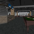 Wooden Desks In Billiard Room With Dark Carpet And Ceiling Lights