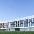 Modern School Building Exterior With Large Glass Windows Colorful Stripes Green Lawn And Blue Sky