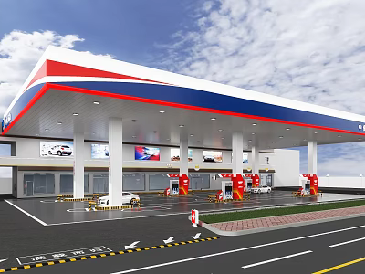 Gas Station With Red White Blue Canopy Fuel Pumps Car And Billboards 3d model