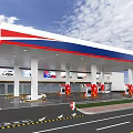 Gas Station With Red White Blue Canopy Fuel Pumps Car And Billboards