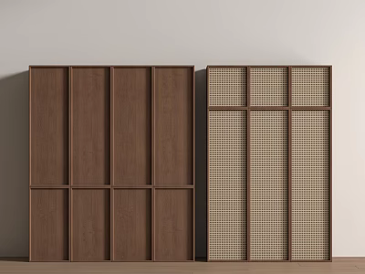 Modern Brown Wooden Wardrobe Featuring Panel Doors And Grid Pattern Design 3d model