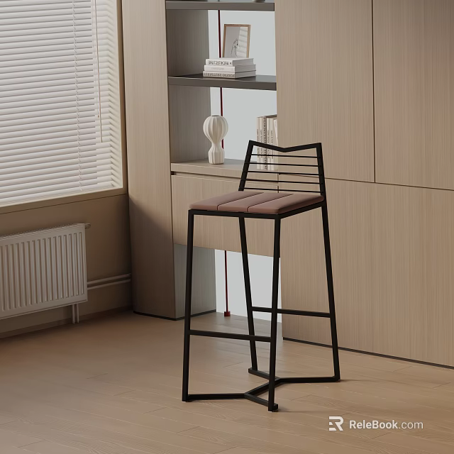 Modern Bar Stool With Metal Frame In Kitchen Interior With Wooden Cabinets And Window Blinds 3d model 