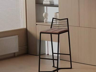 Modern Bar Stool With Metal Frame In Kitchen Interior With Wooden Cabinets And Window Blinds 3d model