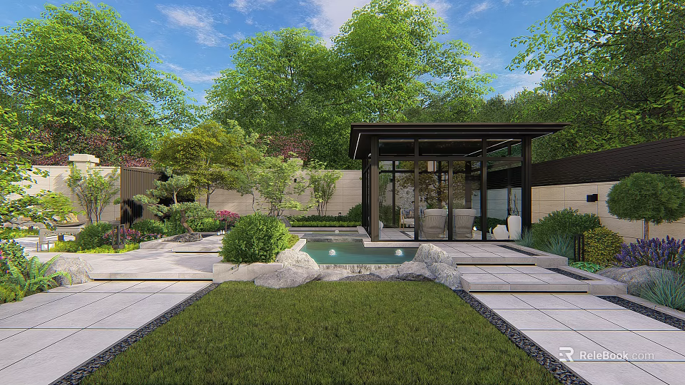 Serene Modern Courtyard Garden With Pavilion Pool Stone Pathway And Lush Lawn 3d model 