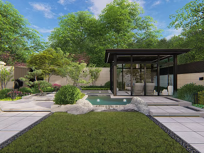 Serene Modern Courtyard Garden With Pavilion Pool Stone Pathway And Lush Lawn 3d model
