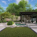Serene Modern Courtyard Garden With Pavilion Pool Stone Pathway And Lush Lawn