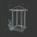 Traditional Lantern With Pointed Roof Spiral Designs And Yellow Light Near Green Plants