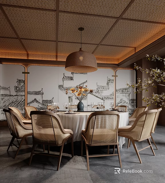 Elegant Chinese Style Private Dining Room With Round Table Pendant Light And Ancient Building Murals 3d model