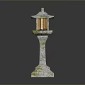 Vintage Japanese Stone Lantern With Moss Covered Base And Wooden Lattice Design