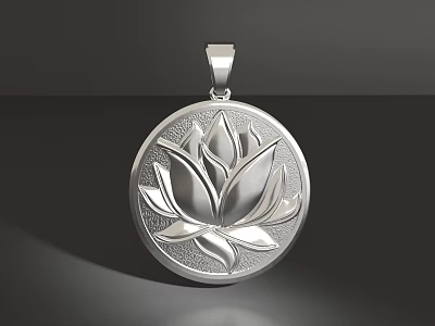 Silver Round Pendant With Exquisite Lotus Flower Design And Metallic Finish 3d model