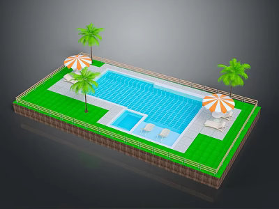 Outdoor Swimming Pool Area With Green Lawn Palm Trees Striped Umbrellas And Sun Loungers 3d model