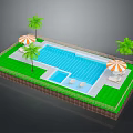 Outdoor Swimming Pool Area With Green Lawn Palm Trees Striped Umbrellas And Sun Loungers