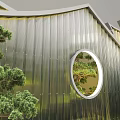 Modern Traditional Fusion Landscape Wall Design With Curved Roof Circular Window And Small Trees