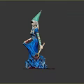 Female Doll In Blue Dress With Green Pointed Hat Holding Broom On Pink Base
