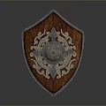 Medieval Wooden Shield With Intricate Metal Decorations And Central Circular Design