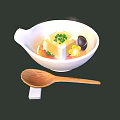 Tofu Soup with Chopped Green Onions Mushrooms in White Bowl and Wooden Spoon