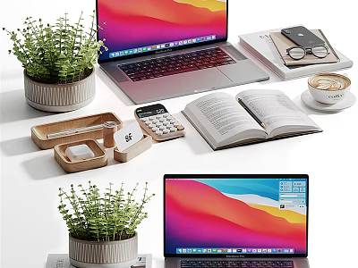 Modern Workspace Setup With Laptops Open Book Coffee Cup And Potted Plants 3d model
