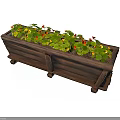 Wooden Long Planter Box With Legs Featuring Green Plants Red and Yellow Flowers
