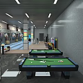 Indoor Sports Fitness Center Featuring Bowling Lanes Game Machines Strip Lights And Wooden Flooring