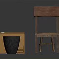Simple Wooden Chair And Round Stool With Cardboard Box And Black Bucket