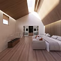 Modern Hotel Guest Room With Wooden Ceiling Large Bed White Sheets Sofa And Wooden Flooring