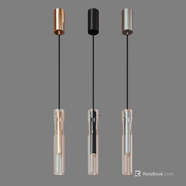 Three Modern Pendant Lights With Metallic Bodies And Slim Hanging Rods 3d model 
