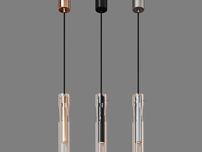 Three Modern Pendant Lights With Metallic Bodies And Slim Hanging Rods 3d model