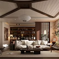 Modern Japanese Dining Living Room Interior With Wooden Ceiling Pendant Light And Bookshelf
