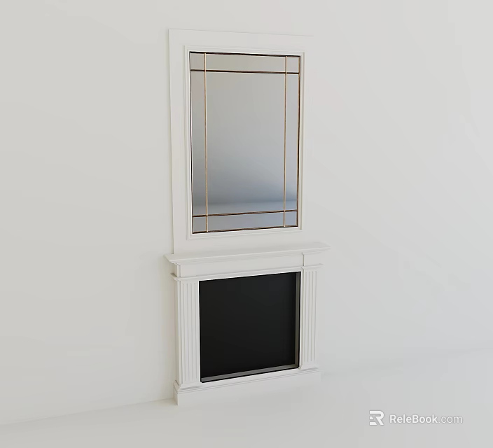 Modern White Fireplace With Decorative Mirror And Gold Accents In Minimalist Interior 3d model 