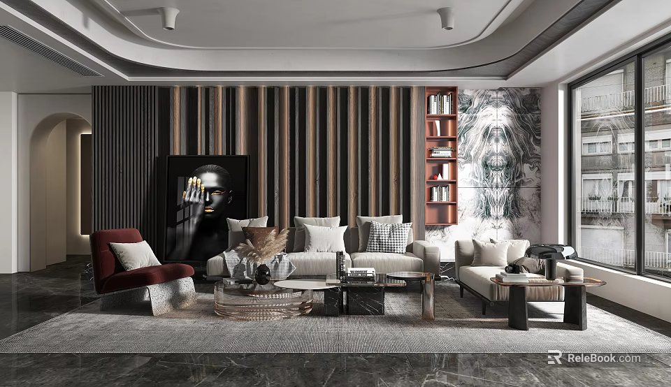 Modern Living Room Interior With Striped Wall Sofa Bookshelf Decorative Painting And Marble Floor 3d model 