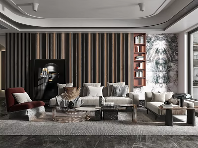 Modern Living Room Interior With Striped Wall Sofa Bookshelf Decorative Painting And Marble Floor 3d model