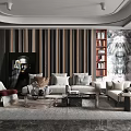 Modern Living Room Interior With Striped Wall Sofa Bookshelf Decorative Painting And Marble Floor