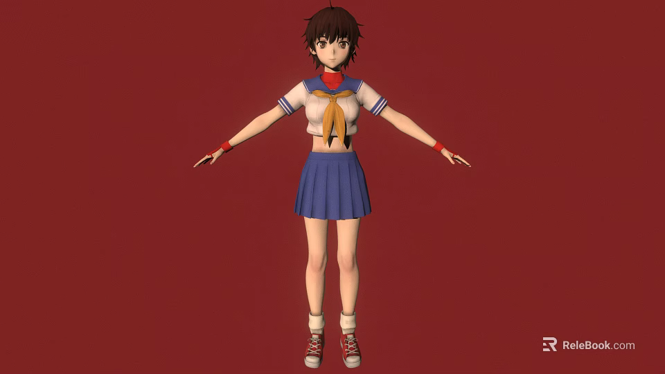 Anime School Girl Character In Sailor Uniform With Red Scarf Blue Skirt And Red Background 3d model 