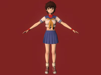Anime School Girl Character In Sailor Uniform With Red Scarf Blue Skirt And Red Background 3d model