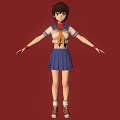 Anime School Girl Character In Sailor Uniform With Red Scarf Blue Skirt And Red Background