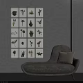Modern Interior Decor With Grid Framed Green Plants On Gray Wall And Light Gray Sofa