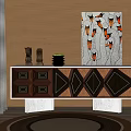 Geometric Pattern Console Cabinet With Decorative Vases Green Plant And Wall Art On Wooden Background
