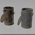 Two Metal Trash Cans With Rusted And Silver Striped Designs And Open Lids